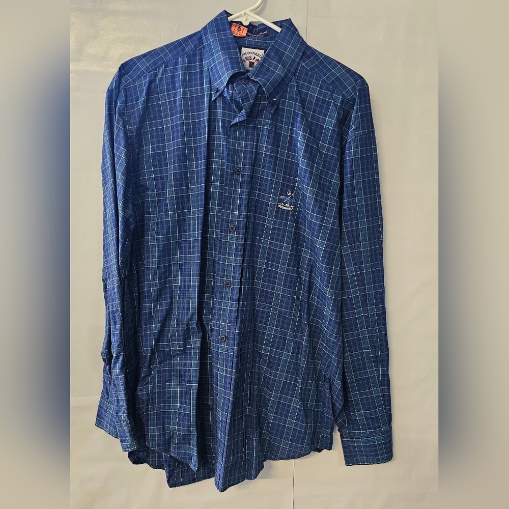 Faconnable Navy Plaid Button Down Shirt